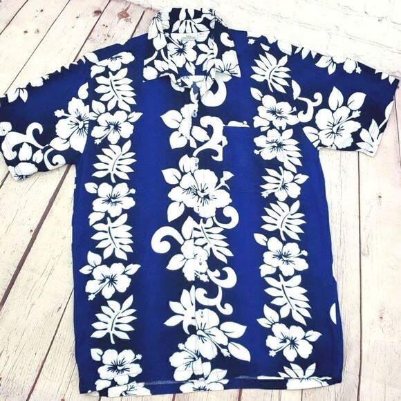 Bali Collection Passion Hawaiian Royal Navy Blue White Floral Hawaiian Shirt 14 - Picture 3 of 12